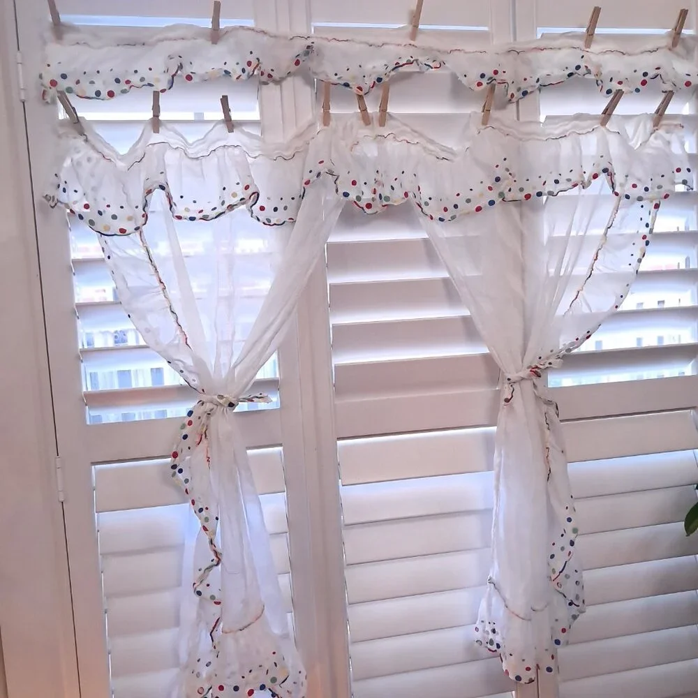 Vintage kitchen cafe curtains polka dots rainbow‎ primary colors white whimsy
